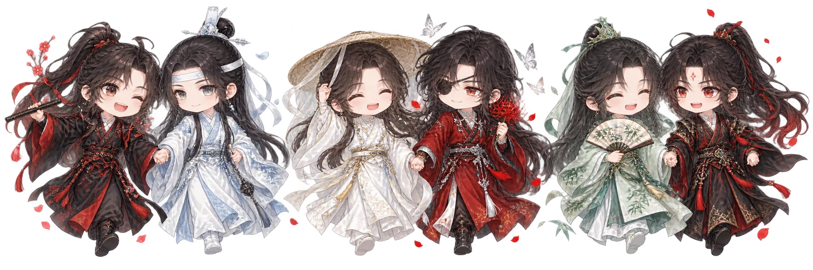 忘羡、花怜、冰秋六位角色的 Q 版同行小像，AI 同人插画