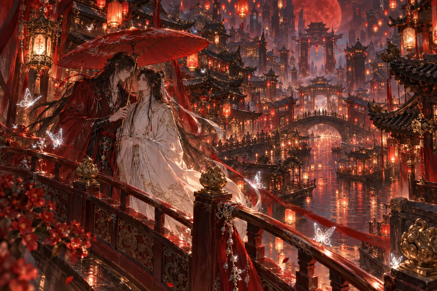 鬼市灯夜意象的 AI 同人插画